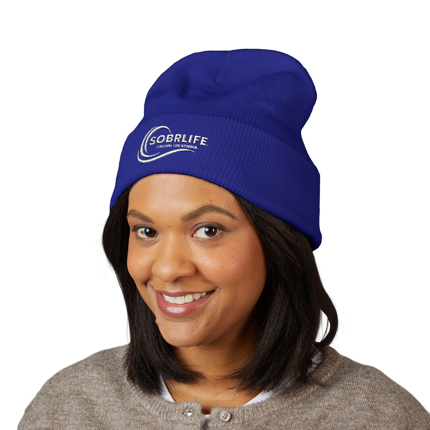 SOBRLIFE Embroidered Classic Cuffed Beanie - White Logo