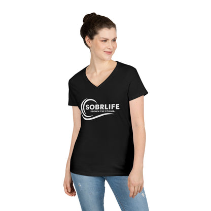 SOBRLIFE Ladies' V-Neck T-Shirt - White Logo