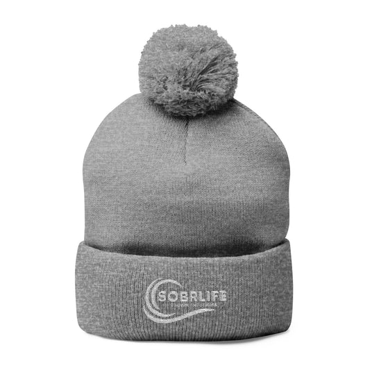 SOBRLIFE Pom-Pom Knit Cap with Embroidery - White Logo